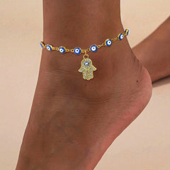 Hand Shape Pendant Chain Anklet with Mini Devil's Eye Beads Copper Foot Ornament