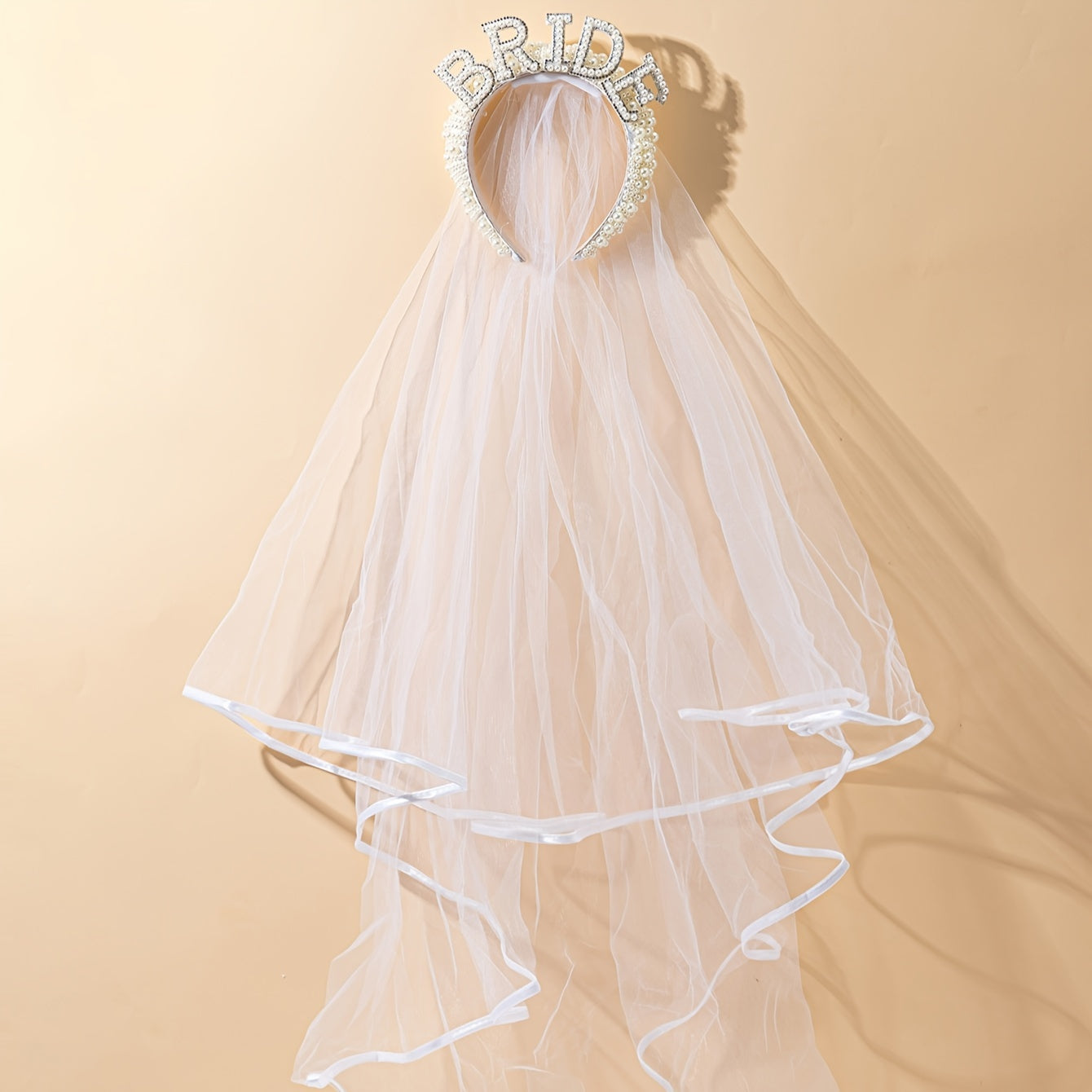 Bridal Headband with Faux Pearl and Rhinestone, Tulle Veil, BRIDE Lettering