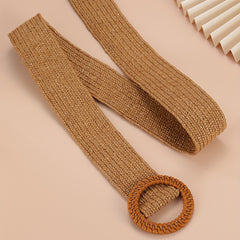 Khaki Elastic Straw Belt Round Wooden Buckle Wide Waistband for Women