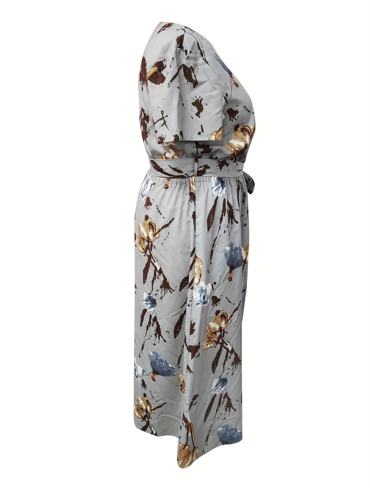 Floral Print Short Sleeve Maxi Dress With Belt & Pockets