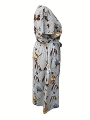 Floral Print Short Sleeve Maxi Dress With Belt & Pockets