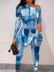 Denim Print One Shoulder Top & Leggings Outfit Set