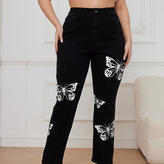 Plus Butterfly Print Button Fly High Rise Stretch Jeans