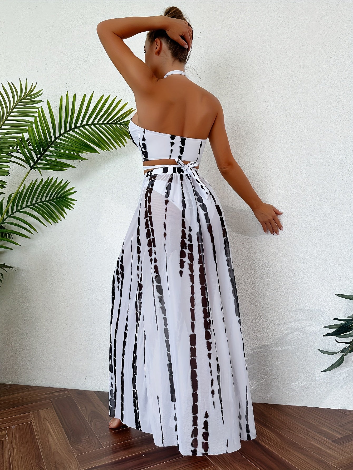 Tie Dye Halter Bikini Set with Cover Up Skirt
