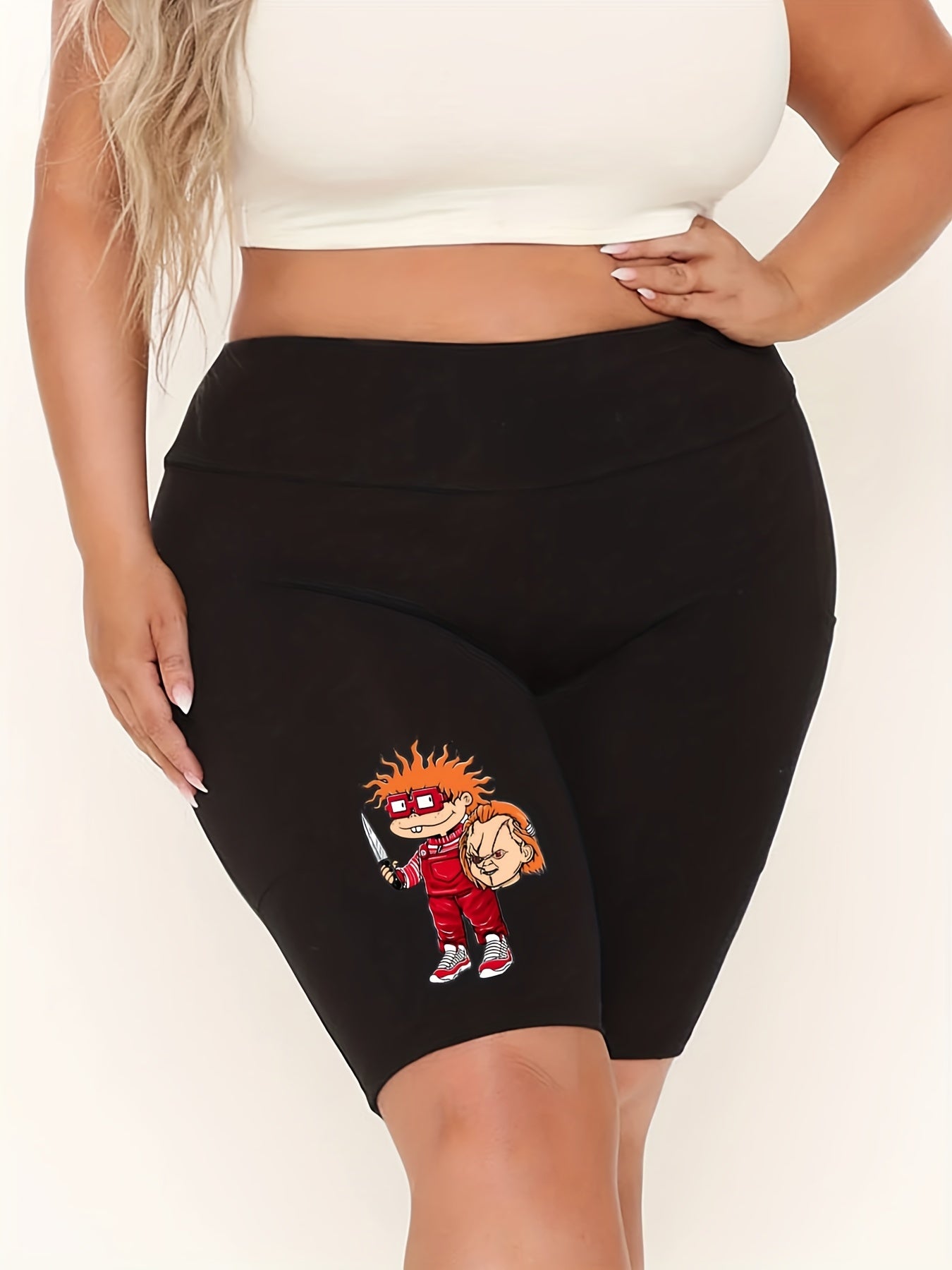 Women's Plus Graphic & Letter Print High Rise Skinny Fitness Shorts