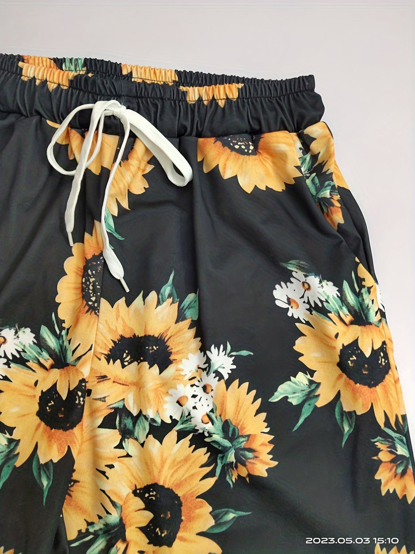 Sunflower Print Shorts Elastic Waist Summer Shorts Women's Clothing