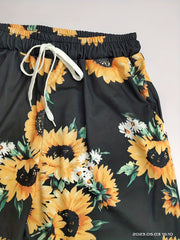Sunflower Print Shorts Elastic Waist Summer Shorts Women's Clothing