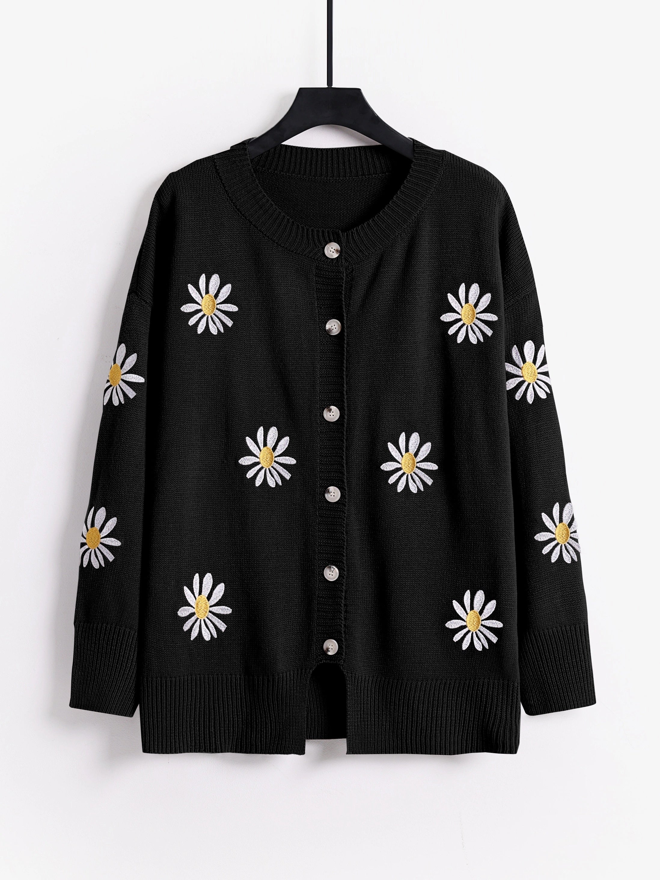 Floral Embroidery Cardigan Women's Round Neck Sweater