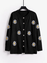 Floral Embroidery Cardigan Women's Round Neck Sweater