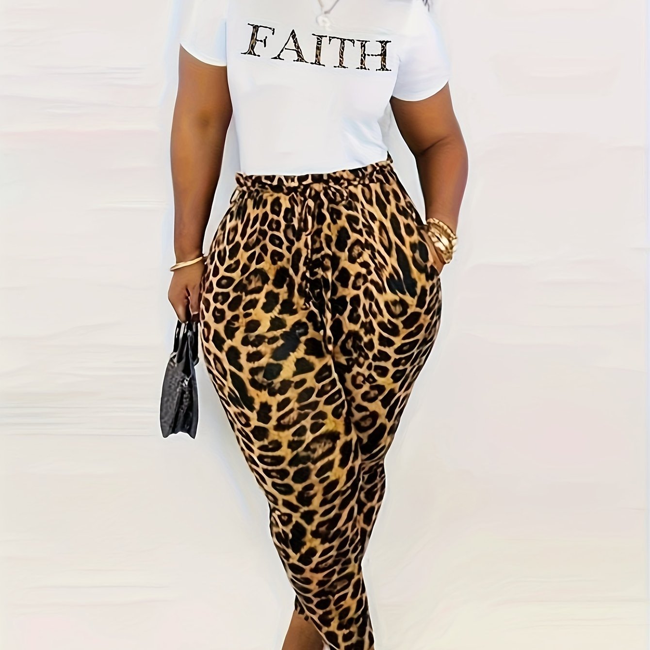 Women's Plus Leopard Letter Print Top & Leggings Set