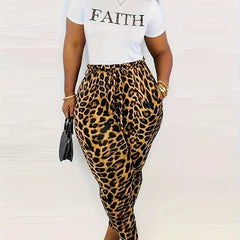 Women's Plus Leopard Letter Print Top & Leggings Set