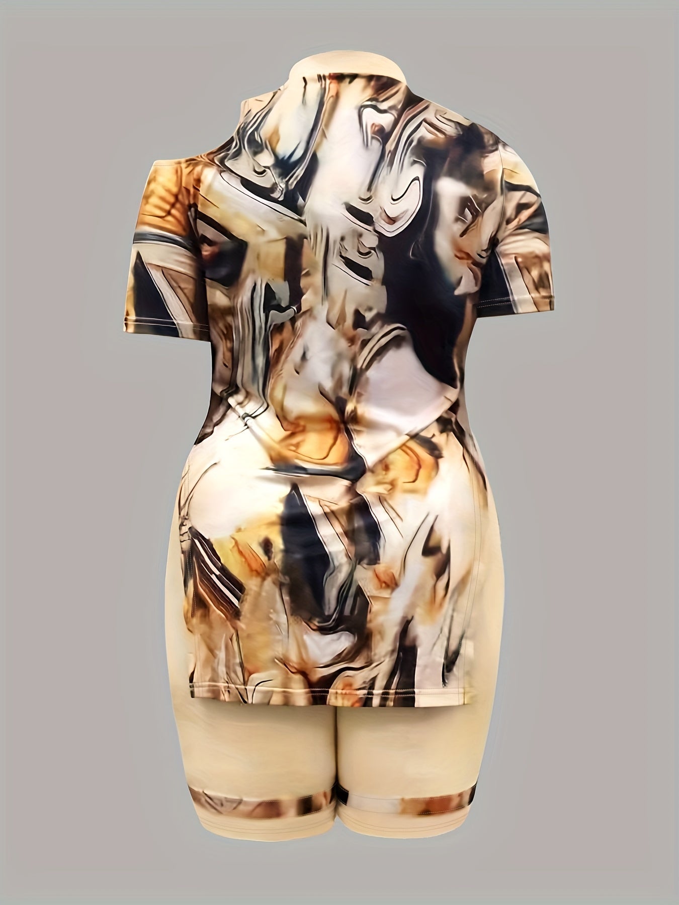 Women's Plus Fluid Print Mock Neck Top & Shorts Two Piece Set
