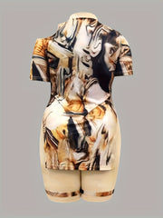 Women's Plus Fluid Print Mock Neck Top & Shorts Two Piece Set