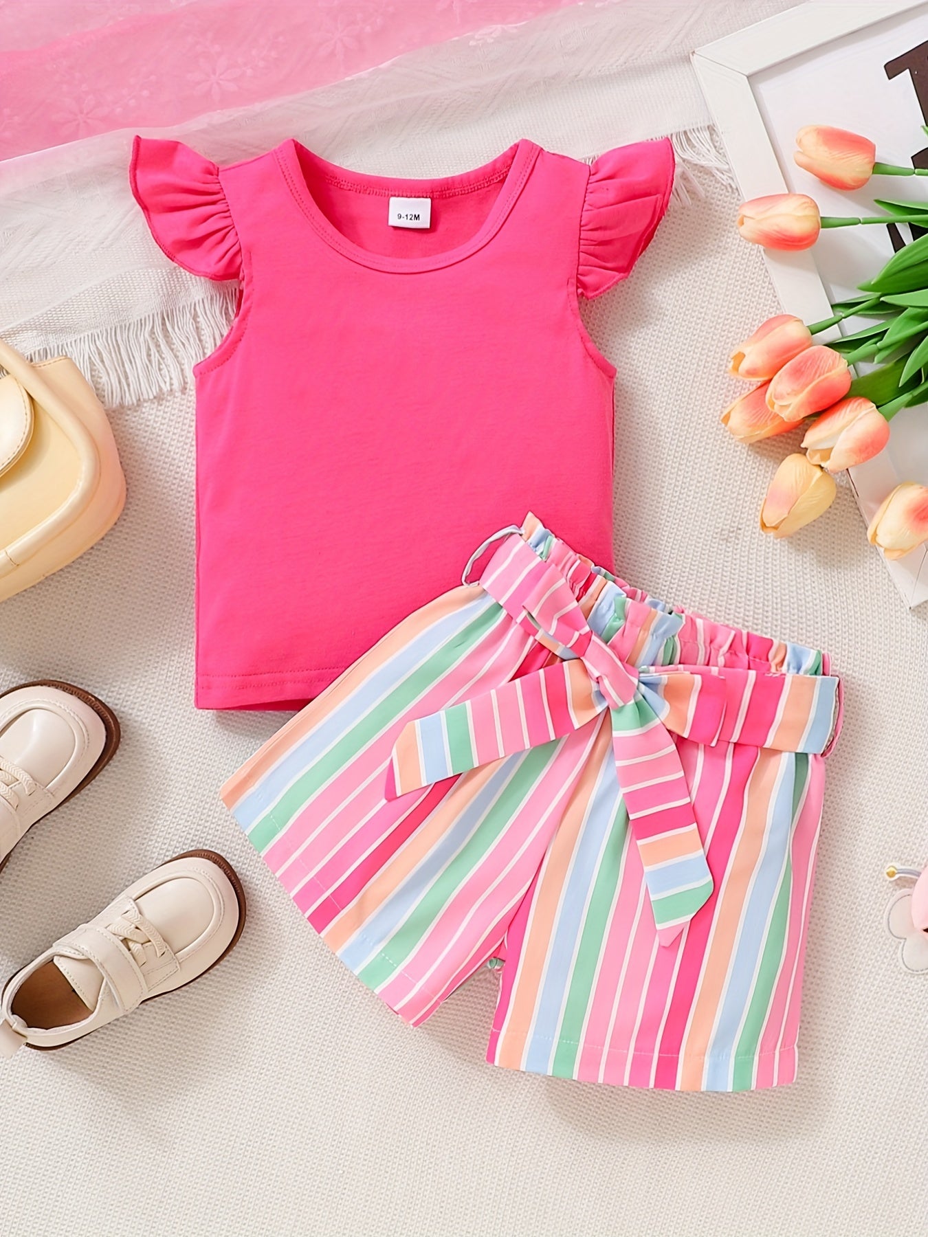 Toddler Girls Dopamine Flutter Sleeve T Shirt & Striped Belted Shorts