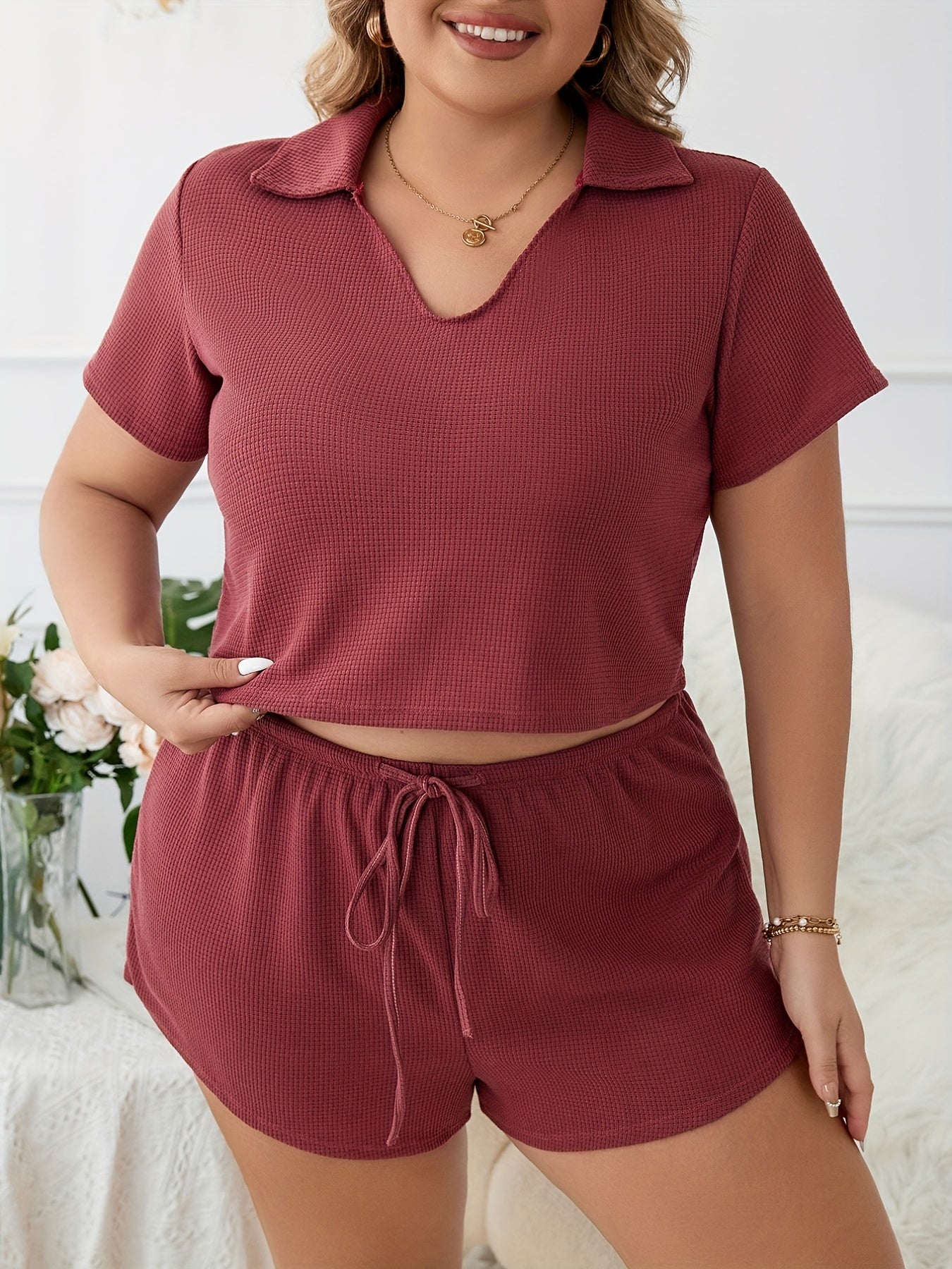 Solid Waffle Knit Crop Top & Shorts Pajama Set
