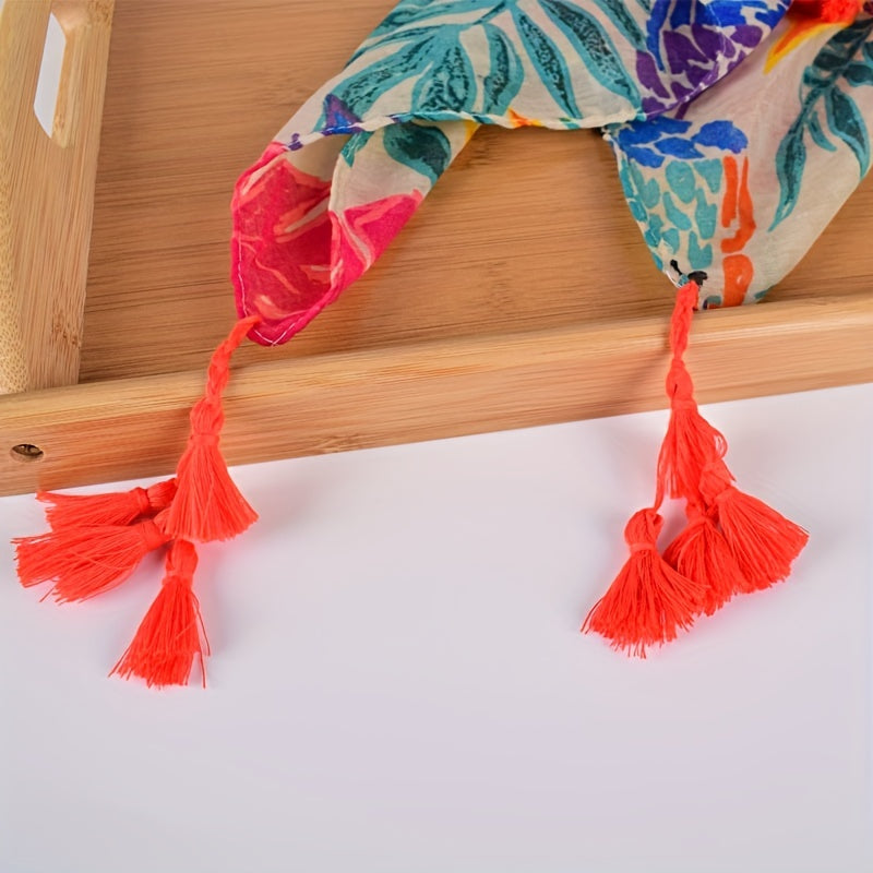 Boho Leaf Print Voile Scarf Tassel Shawl Classic Windproof Head Wrap