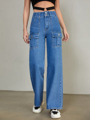 Flap Pockets Straight Jeans Loose Fit High Waist Non Stretch Denim Pants