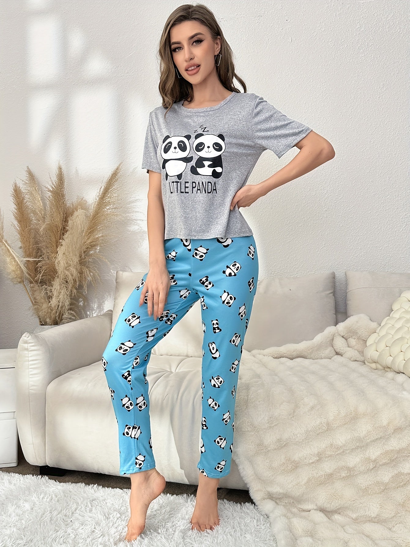 Panda Print Pajama Set Short Sleeve Top & Pants