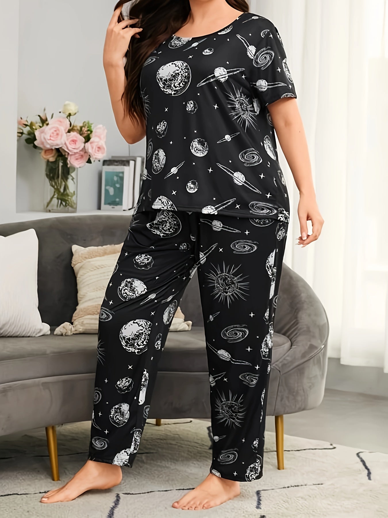 Planet Print Pajamas Set - Tee & Pants Loungewear