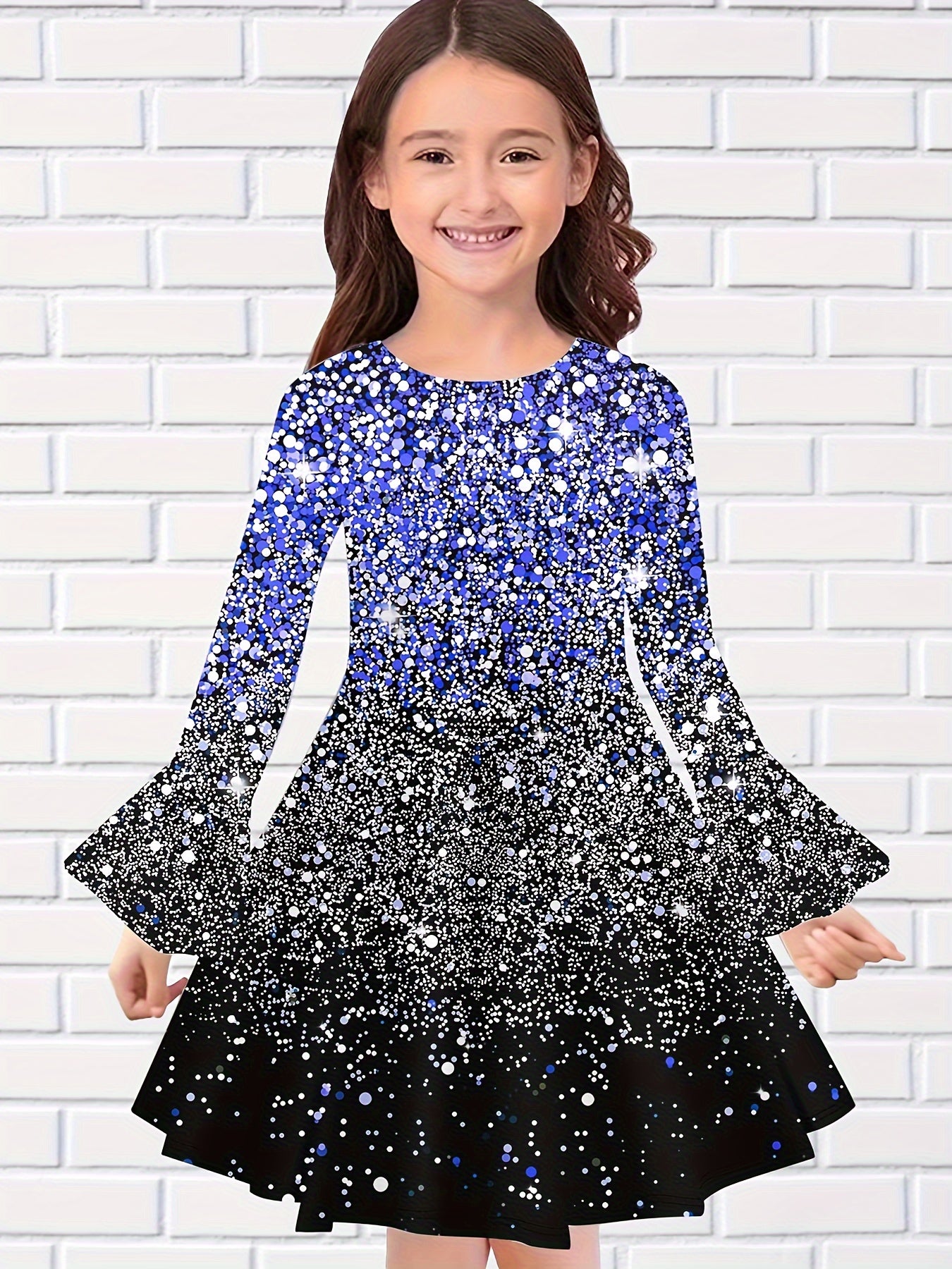 Girls Sequin Print Long Sleeve Dress Spring Fall Gift