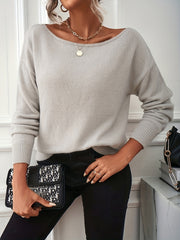 Boat Neck Pullover Sweater Long Sleeve Loose Fit Women's Clothing