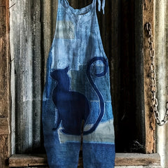 Plus Denim & Cat Print Tie Shoulder Jumpsuit