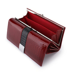 Red Leather Long Wallet for Women Crocodile Texture Bifold