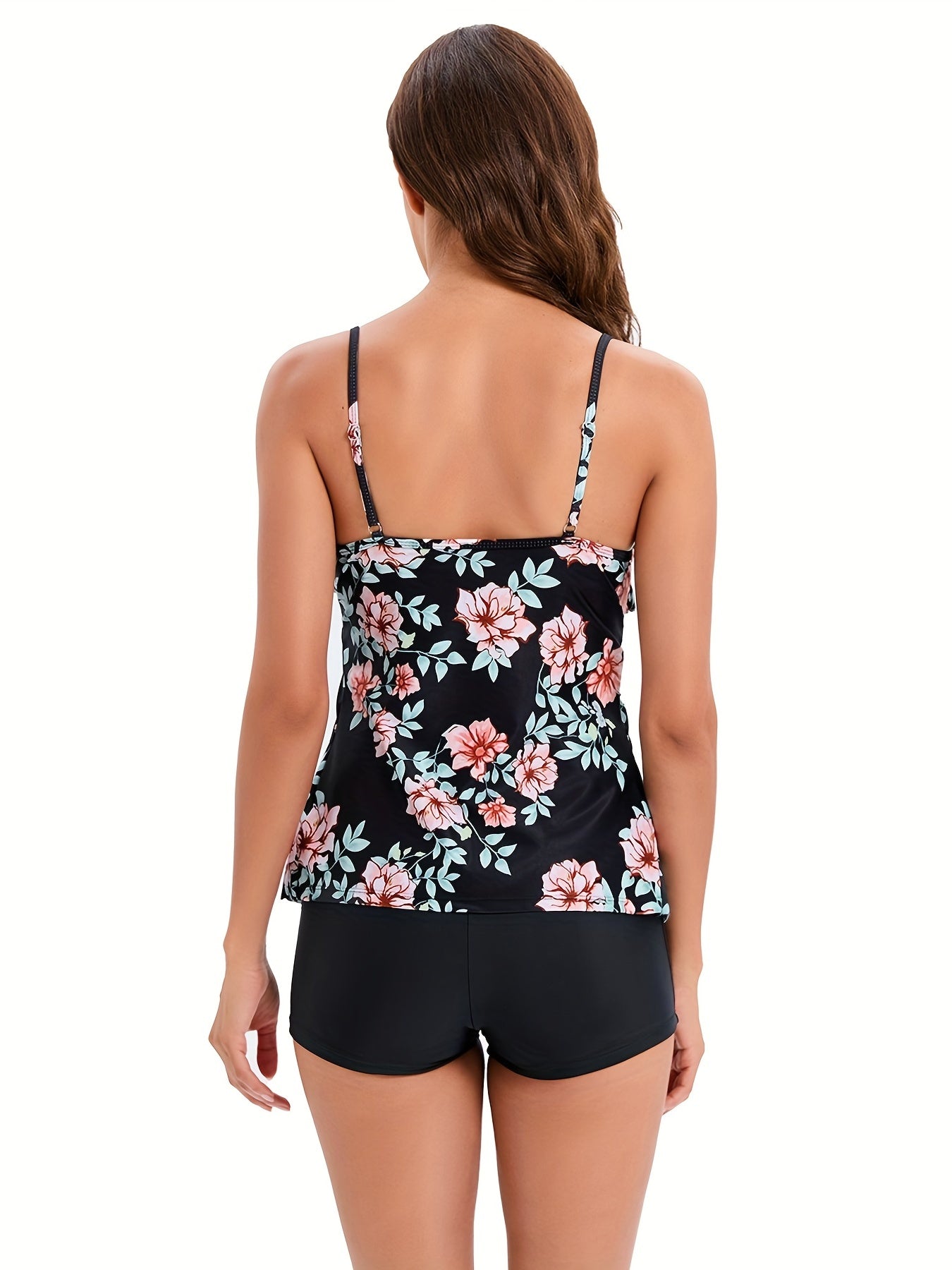 Tiered Layer Ruffled Tankini Set Scoop Neck Boxer Shorts 2 Piece Swimsuit