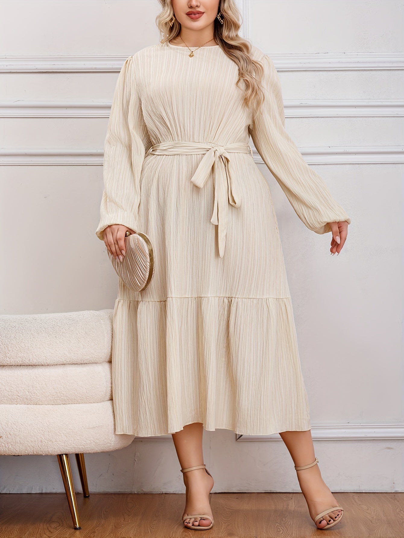 Solid Long Sleeve Midi Dress with Belt