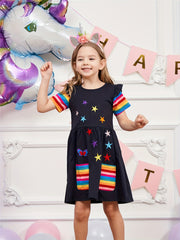 Girls Short Sleeves Ruffles Star Butterfly Embroidery Rainbow Dress