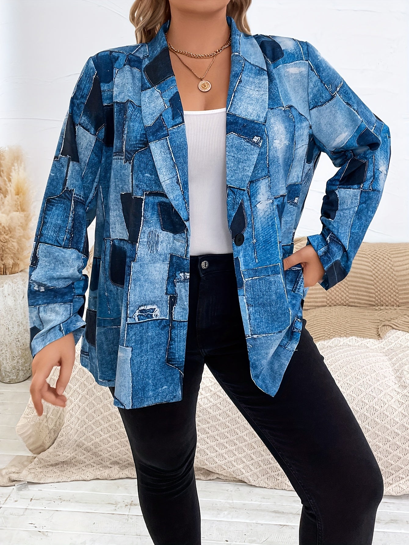 Denim Print Long Sleeve Open Front Blazer