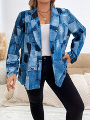 Denim Print Long Sleeve Open Front Blazer