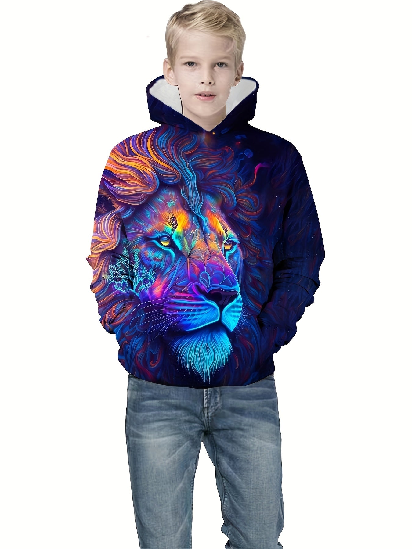 Colorful Lion Print Boys Hooded Sweatshirt