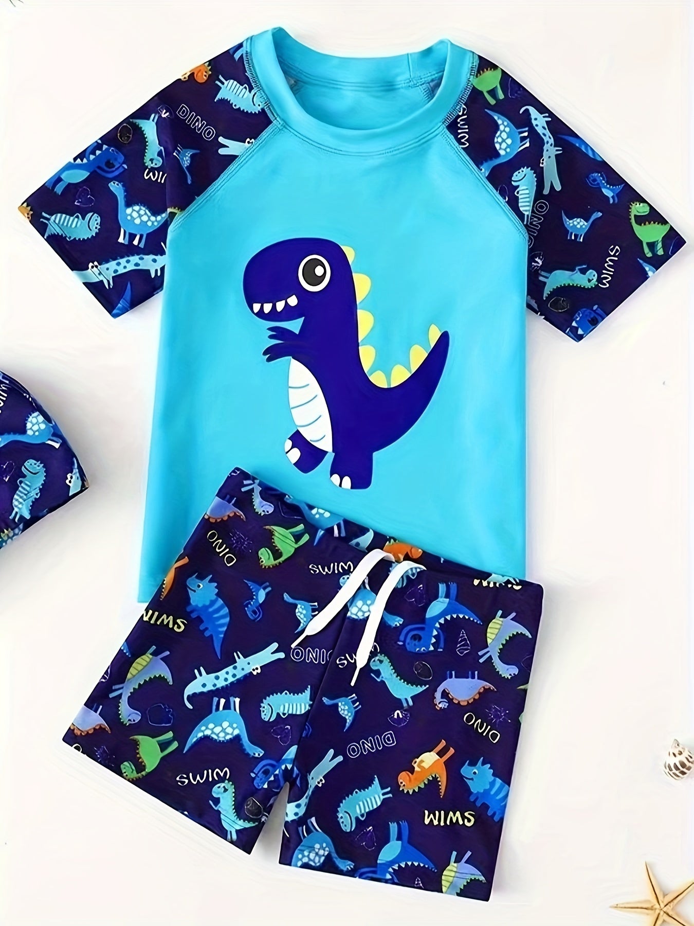Boy's Dinosaur Swimsuit Set T-shirt, Cap, Trunks - Beach Vacation