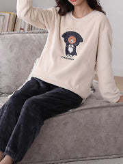 Bear Print Fuzzy Lounge Set Long Sleeve Top & Elastic Waistband Pants