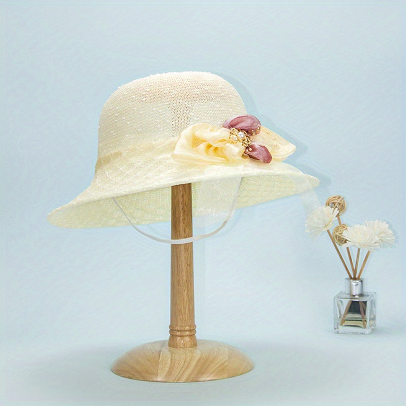 Foldable Flower Sun Hat Lace Ribbon Decor Sunscreen Basin Hat