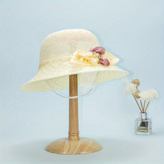 Foldable Flower Sun Hat Lace Ribbon Decor Sunscreen Basin Hat