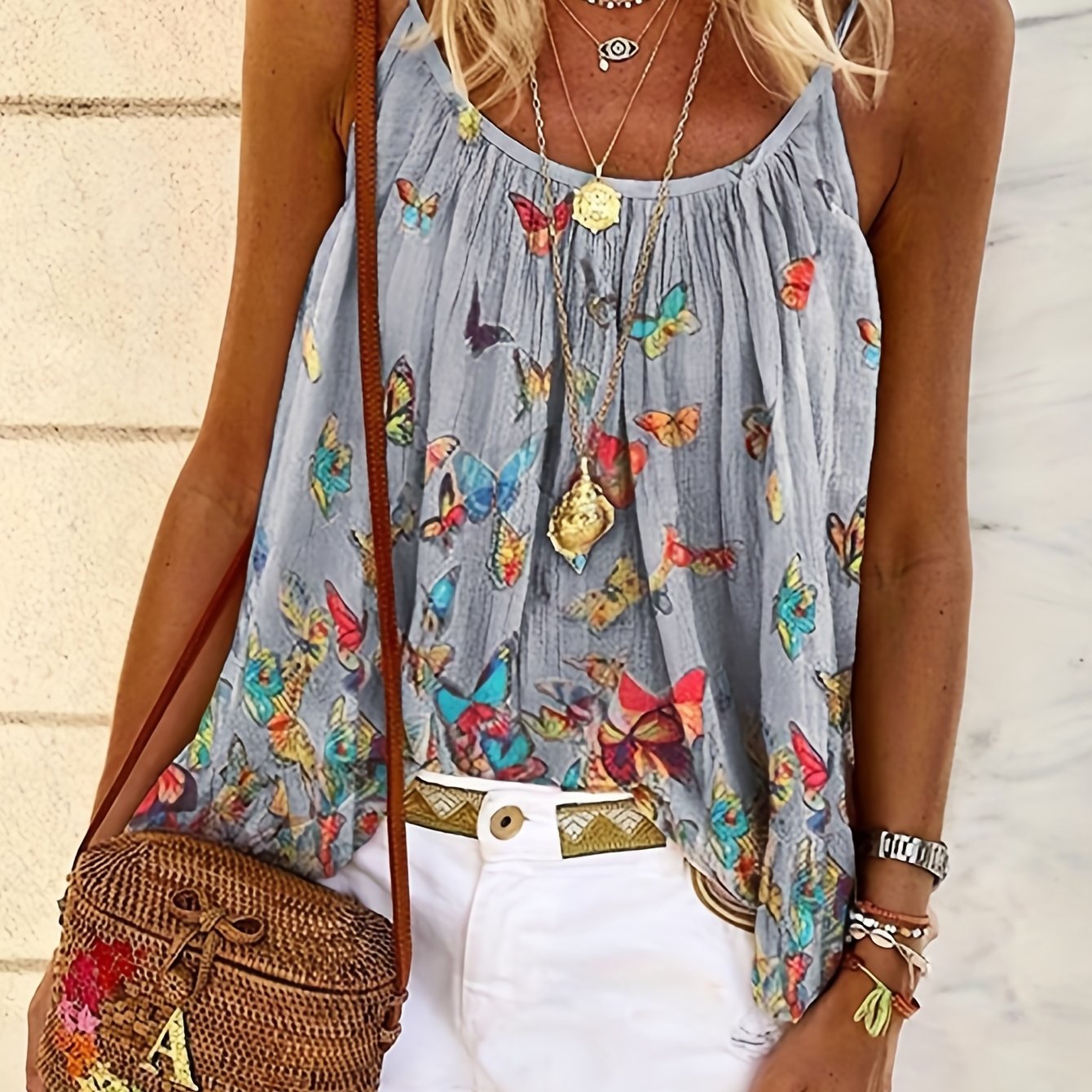 Butterfly Print Cami Top Sleeveless Summer Top Women's Clothing