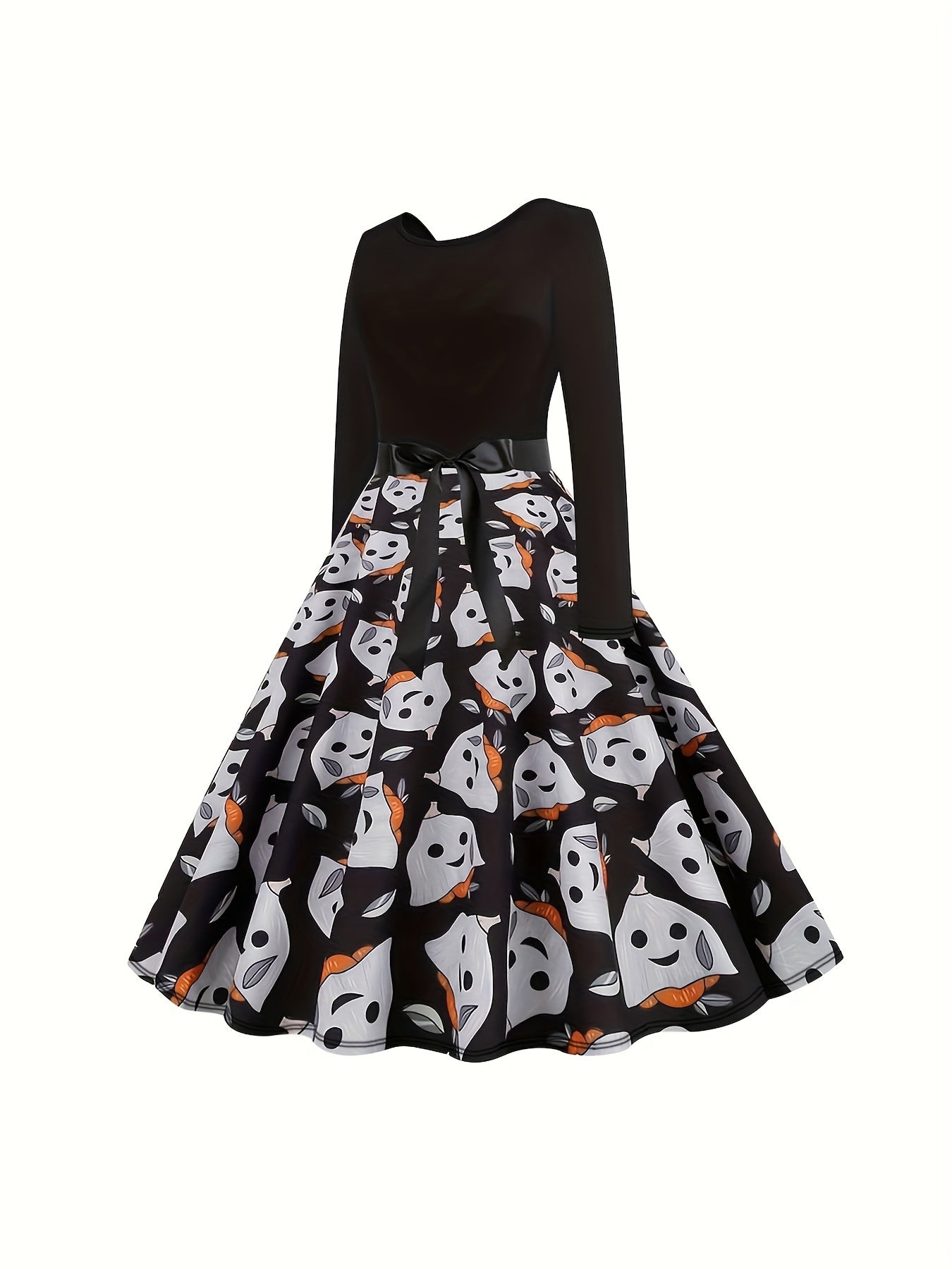 Halloween Gothic Dress Women's Plus Ghost Print Bow Front Swing Dress