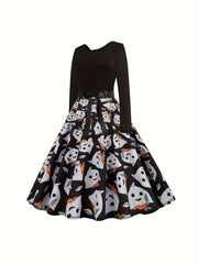Halloween Gothic Dress Women's Plus Ghost Print Bow Front Swing Dress