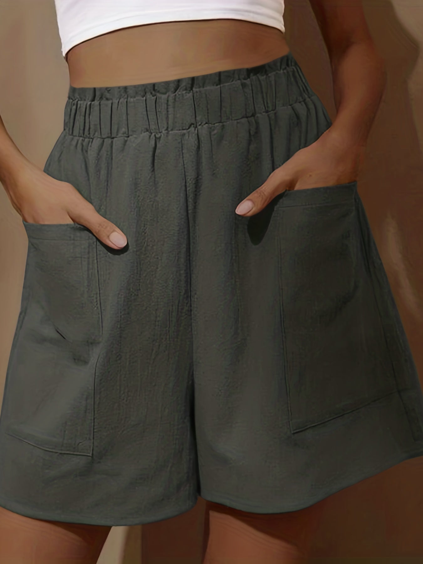 Boho Smocked Shorts Elastic High Waist Ruffle Trim with Pockets
