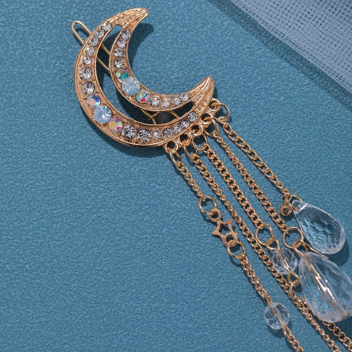 Girls Golden Moon Hair Clip Tassel Rhinestone Hairpin