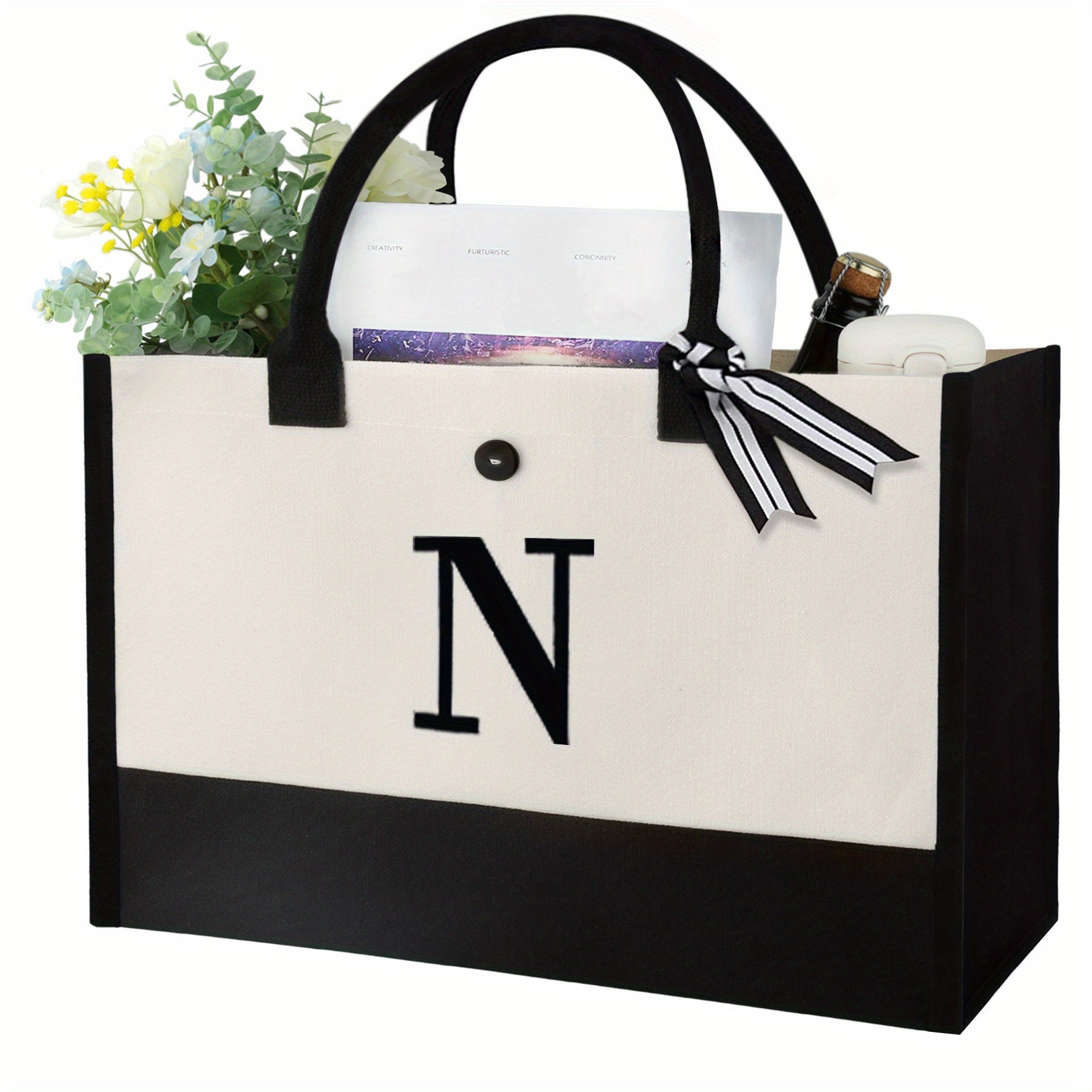 Letter Pattern Handbag Tote Bag Canvas Shopping Bag Large Capacity Travel Bag