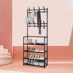 Entrance Coat Rack Foyer Shoe Rack with Storage Shelves and Hooks