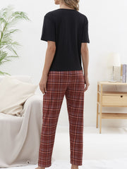 Letter Print Pajama Set Crew Neck Top & Plaid Pants Women's Loungewear