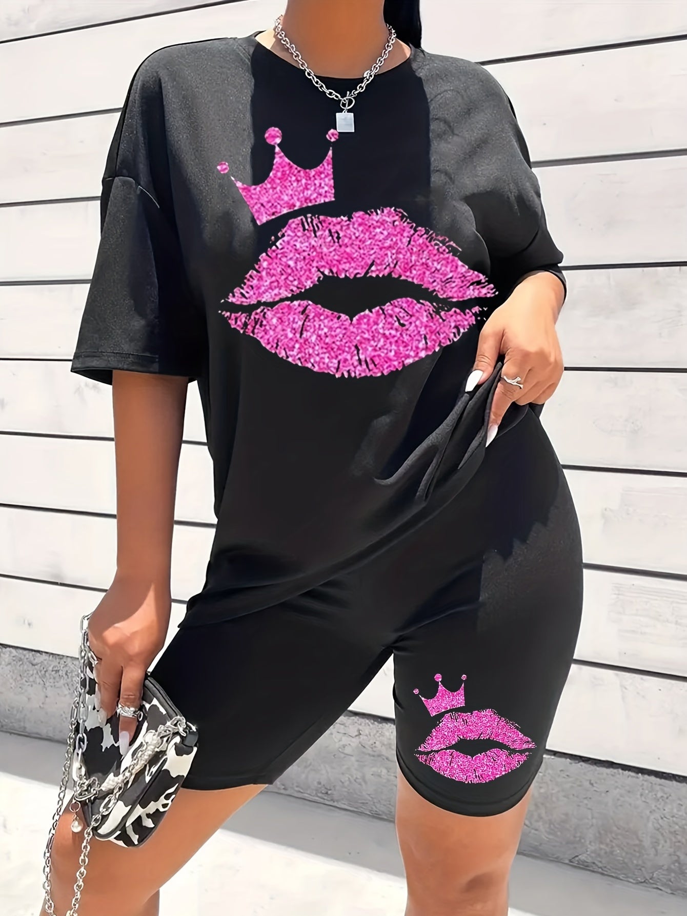 Lip Print Matching Set Short Sleeve T-shirt & Shorts Outfit Women's Clothing