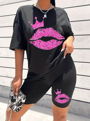 Lip Print Matching Set Short Sleeve T-shirt & Shorts Outfit Women's Clothing