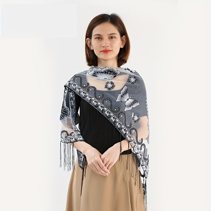 Butterfly Embroidered Tassel Shawl Triangle Scarf Lace Wrap for Party