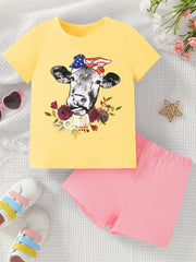 Bull Pattern Girl's 2pcs T Shirt & Shorts Set for Summer