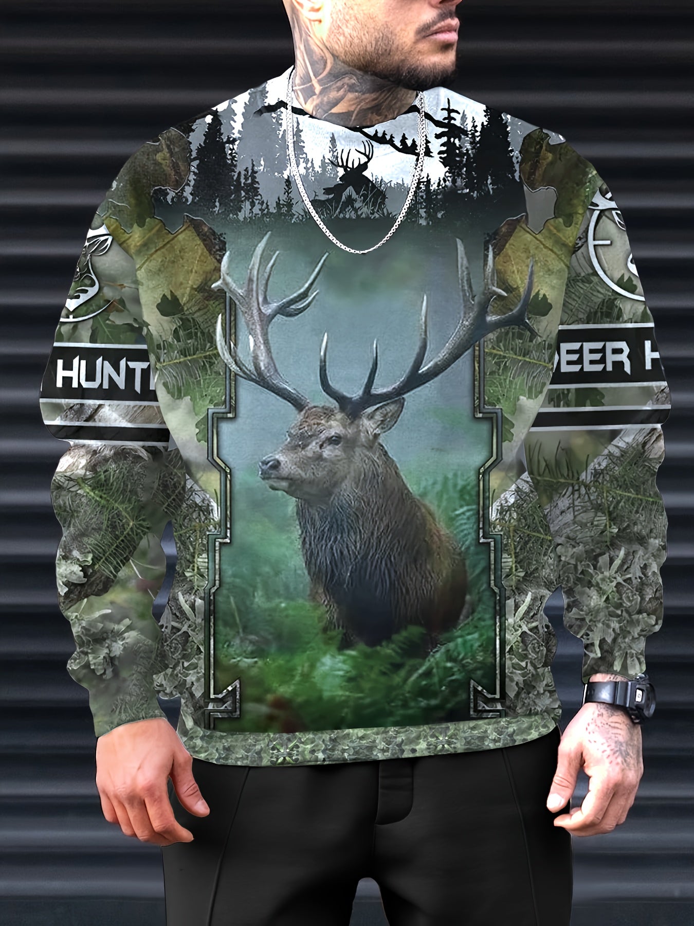 Men's Casual Elk Pattern 3D Print Crew Neck Sweatshirt Outdoor Activities